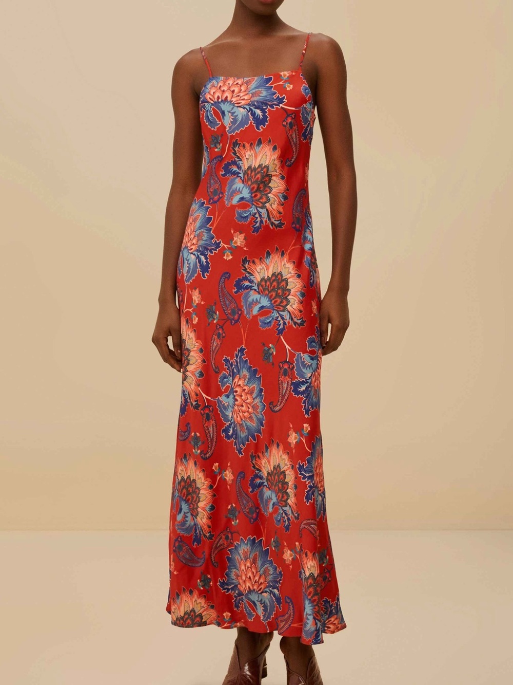 Farm Rio Luang Red Maxi Dress Blue Tropical Floral Bias Slip Resort Aloha Small